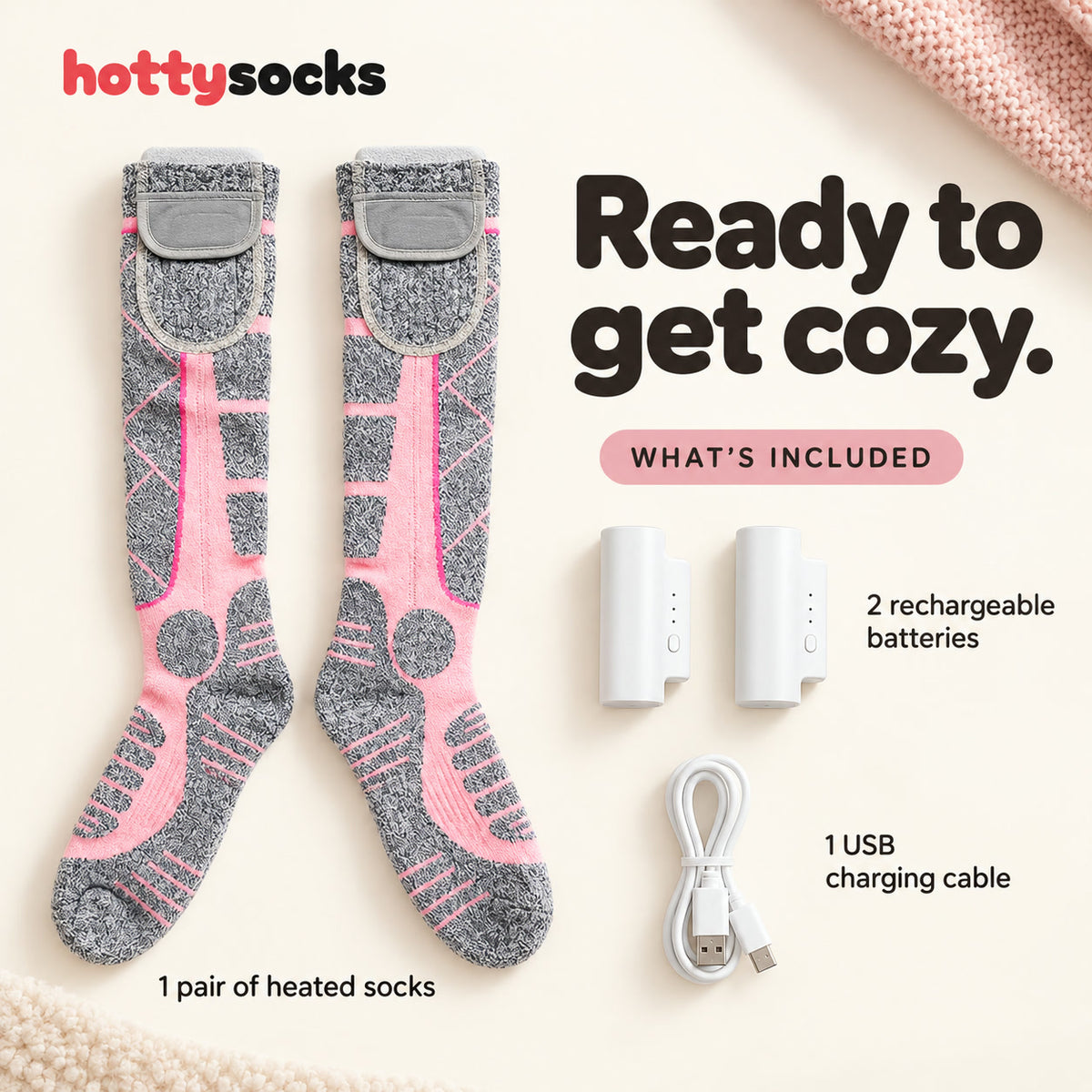 What's included: 1 pair of heated socks, 2 rechargeable batteries and 1 USB charging cable