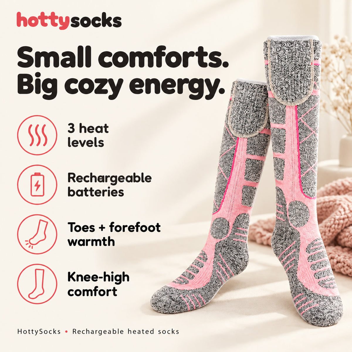 HottySocks features: 3 heat levels, rechargeable batteries, toes and forefoot warmth, knee-high comfort